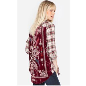 JOHNNY WAS 3J Workshop Silk Mica Velvet Flannel Embroidered Back Shirt Size S